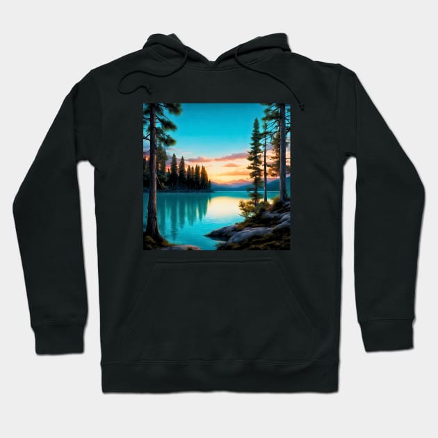 Serene Pine Tree Lake Sunset Hoodie by Doodle and Things